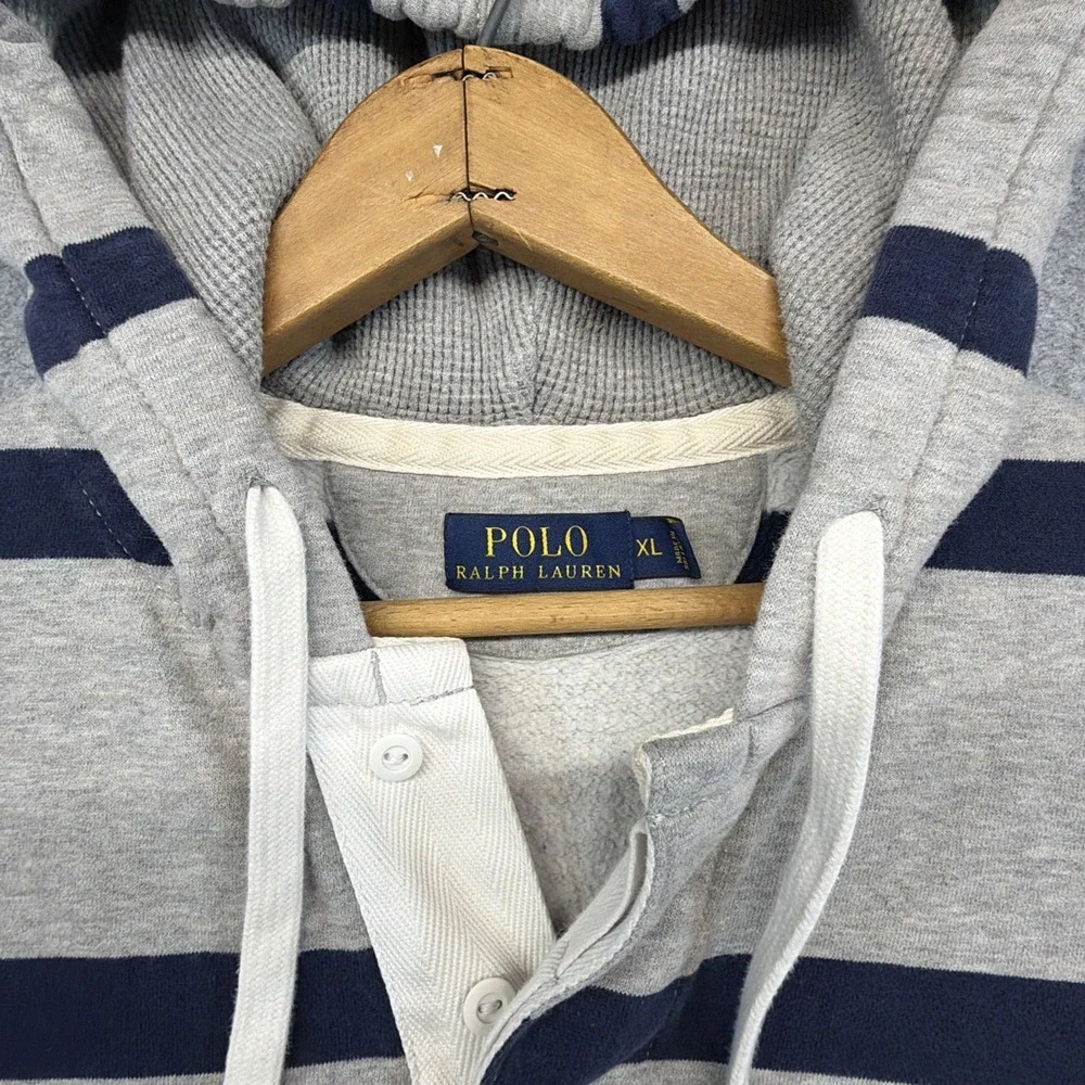 Polo Ralph Lauren Gray Blue Striped Rugby Hoodie Polo Shirt Long Sleeve Men XL